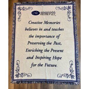 Creative Memories Tapestry Throw Blanket 48” X 61" Blue White Cotton‎ Fringe